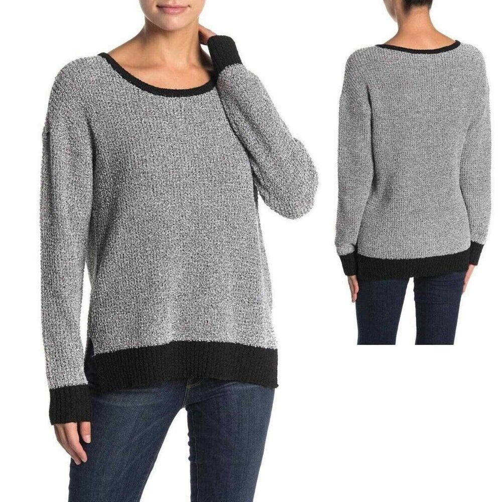 Ady P Marl Boucle Scoop Neck High Low Pullover Sweater Sz Medium Black&White NWT